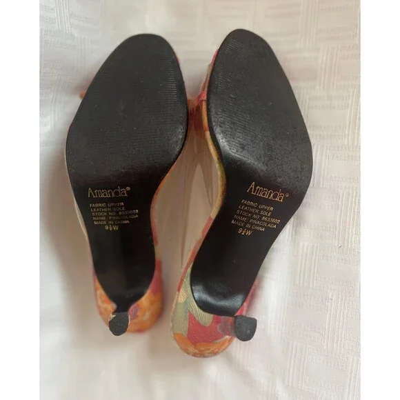 Amanda PinaColada Pink Orange Floral Mules | Leather Sole Fabric Heels 9.5W - Picture 6 of 11